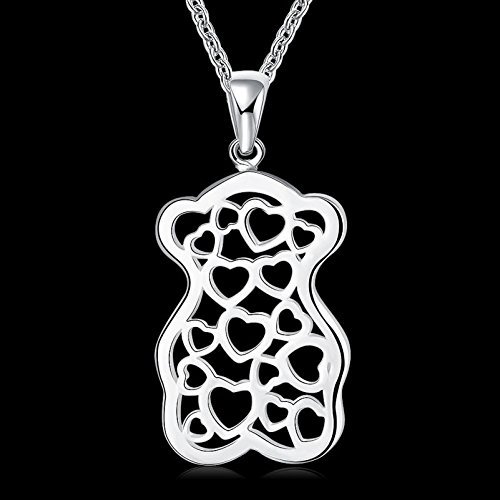 New Charm 925 Sterling Silver Plated Love Hearts & Bear Pendant Necklace Jewelry N3