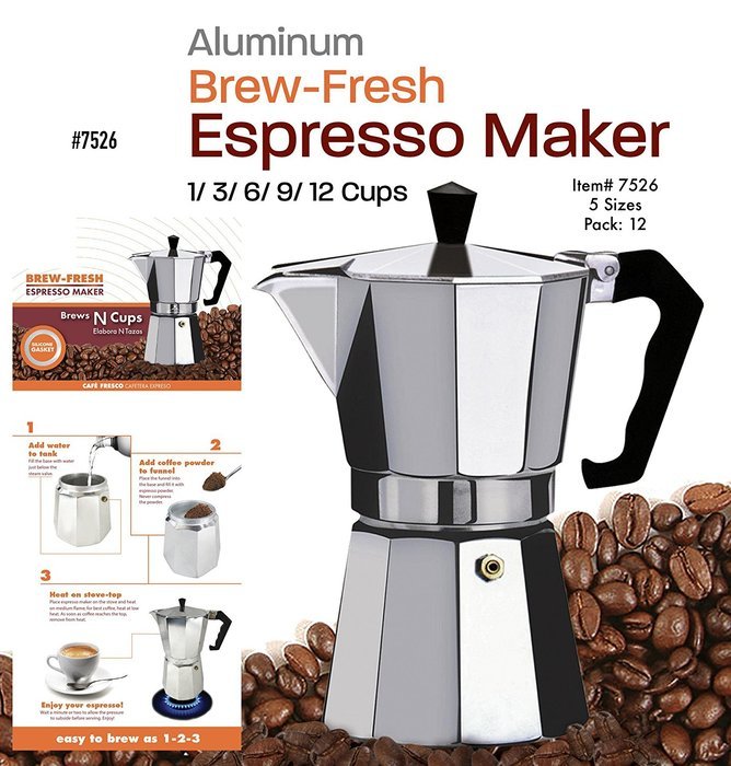 Wee's Beyond 7526-03 Brew-Fresh Aluminum Espresso Maker, 3 Cup, Silver N3