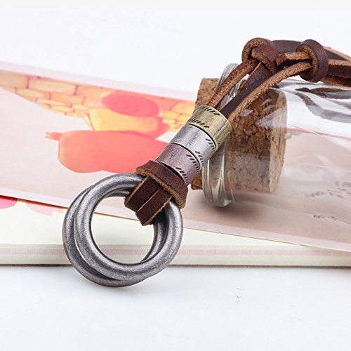 Vintage Retro Mens Leather Cord Necklace Double Circle Ring Pendant Jewelry Gift N5