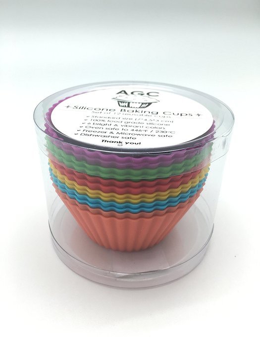 AGCware Silicone Baking Cups / Cupcake Liners &ndash; 12 Colourful Muffin Molds in Storage Container
