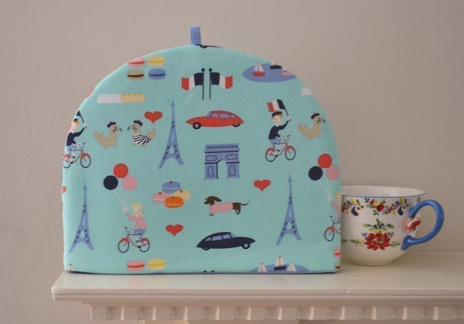 Paris Scene Artisanal Tea Cozy Eiffel Tower, Citroen Autos, Macarons, Dachshunds, Balloons, Seals - 4 Sizes Available