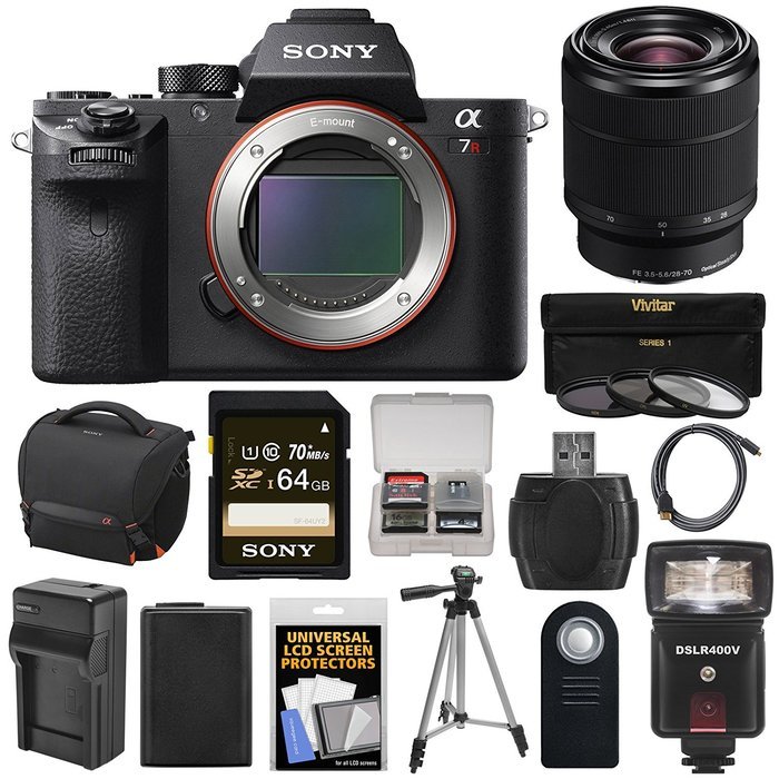 Sony Alpha A7R II 4K Wi-Fi Digital Camera Body with FE 28-70mm Lens + 64GB Card + Battery + Charger + Case + Flash... N9