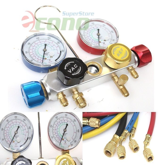 R410a R134a R12 R22 4 Way Valve Manifold Gauge + 4 Hoses Quick Adapter HVAC Kit N2