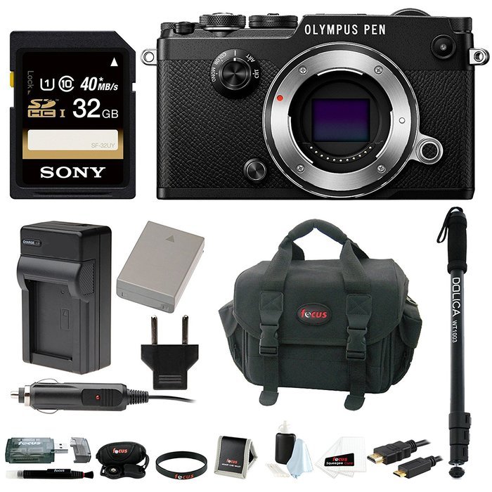 Olympus PEN-F Mirrorless Digital Camera (Black Body) w/ 32GB SD Card & Monopod Bundle N5