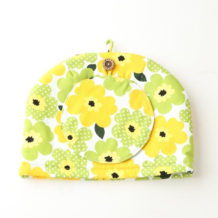 Northern European Style Yellow Green Flowered Cotton Cloth Tea Cozy with Teapot Coaster Handmade by Japanese Craftsman...