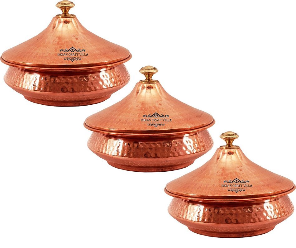 IndianCraftVilla 5.5" X 6.5" X 2.5" Handmade Steel Copper Set Of 3 Mughlai handi Volume 650 ML With Lid serving...