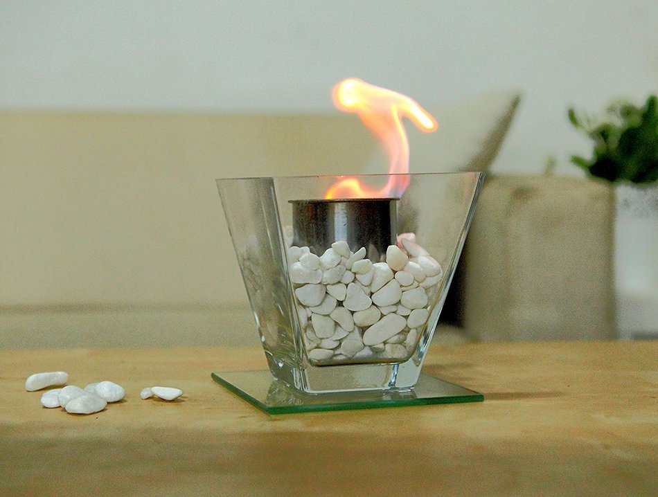 Designer's All Season Table Top Ethanol Fireplace, Both Indoor and Outdoor Use (Square Glass)