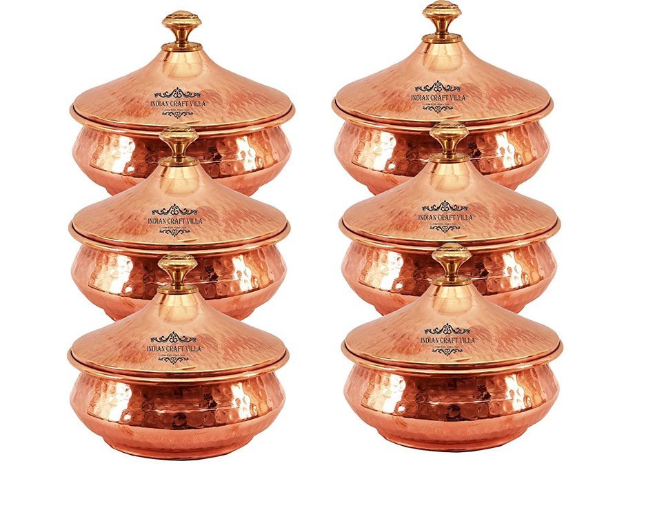 IndianCraftVilla 4.0" X 4.8" X 2.0" Handmade Steel Copper Mughlai handi Set of 6 Volume 300 ML With Lid serving...
