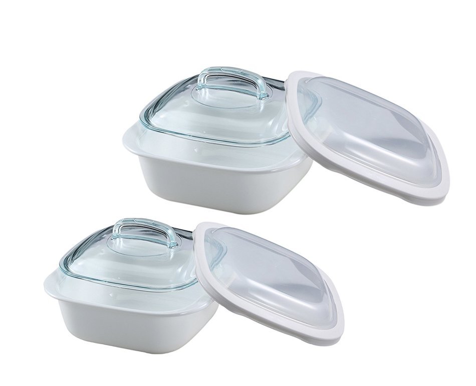 Corelle Bake and Serve 6-Piece Set, includes 1 each 1.5-quart SquareBaker with Glass and Plastic Cover and 2.5...