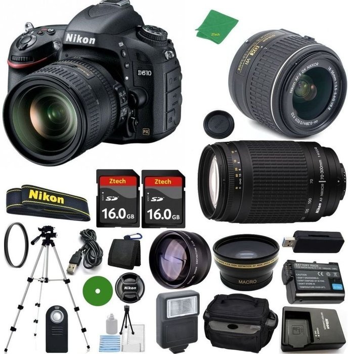 Nikon D610 - International Version (No Warranty), 18-55mm f/3.5-5.6 DX VR, Nikon 70-300mm f/4-5.6G, 2pcs 16GB...