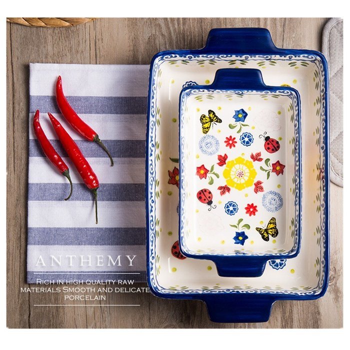Seiko Painted Ceramic Baking Dish Suitable for Oven and Microwave, with a Cotton Cloth Napkins (S)