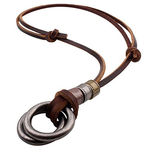 Vintage Retro Mens Leather Cord Necklace Double Circle Ring Pendant Jewelry Gift N6