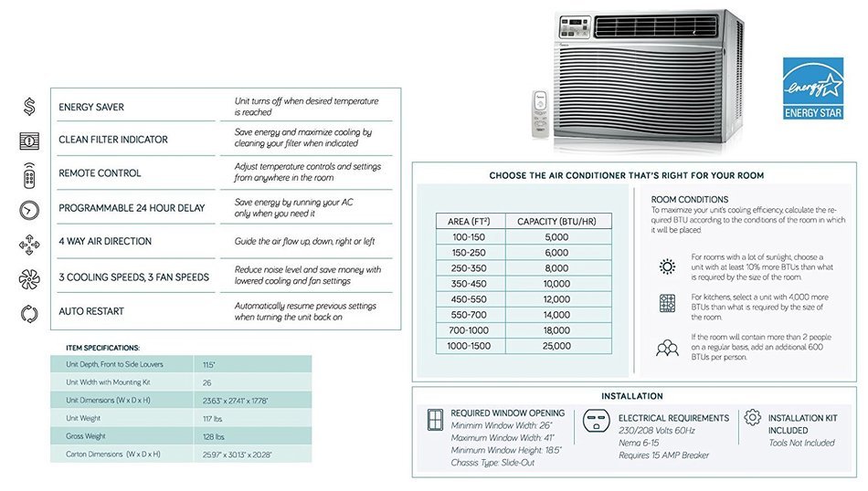 Impecca IWA25-QS30 24,000/23,600 BTU/H Electronic Control Hybrid Window & Through-the-Wall Air Conditioner N15