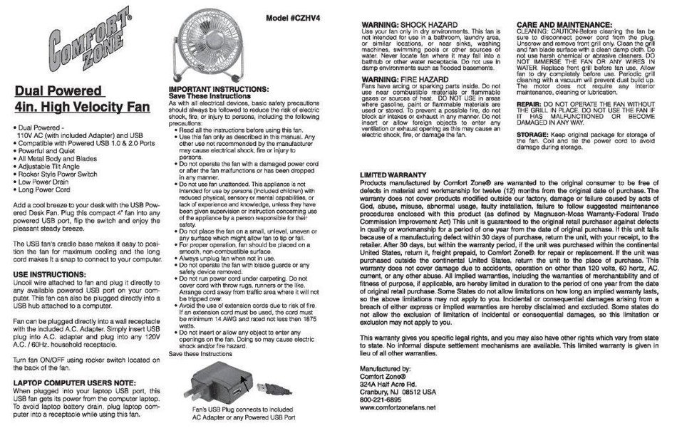 Comfort Zone 4" Dual Powered High Velocity Fan (Silver) N8