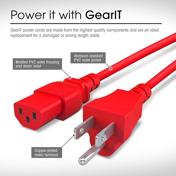 GearIt 18 AWG Universal Power Cord NEMA 5-15P to IEC320 C13 [UL Listed], Red (1 Foot/0.3 Meters) N16