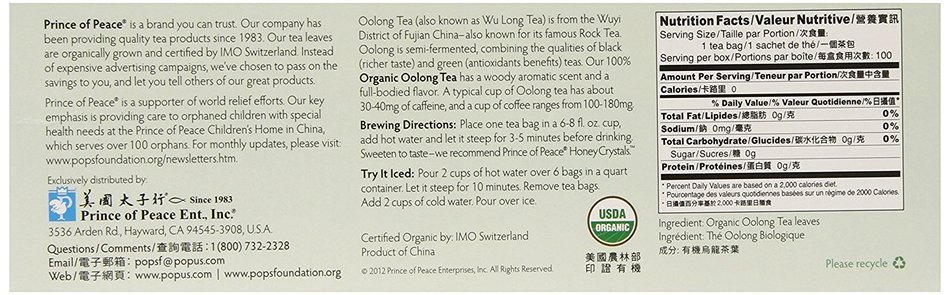 Prince of Peace Organic Tea, Oolong, 100 Tea Bags