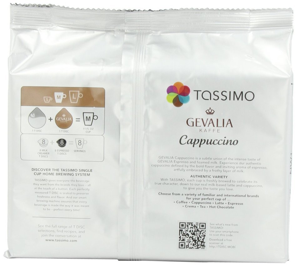 Tassimo Gevalia Cappuccino, 8 Servings, 16 Count T-Discs, (8 Espresso + 8 Milk Creamers)