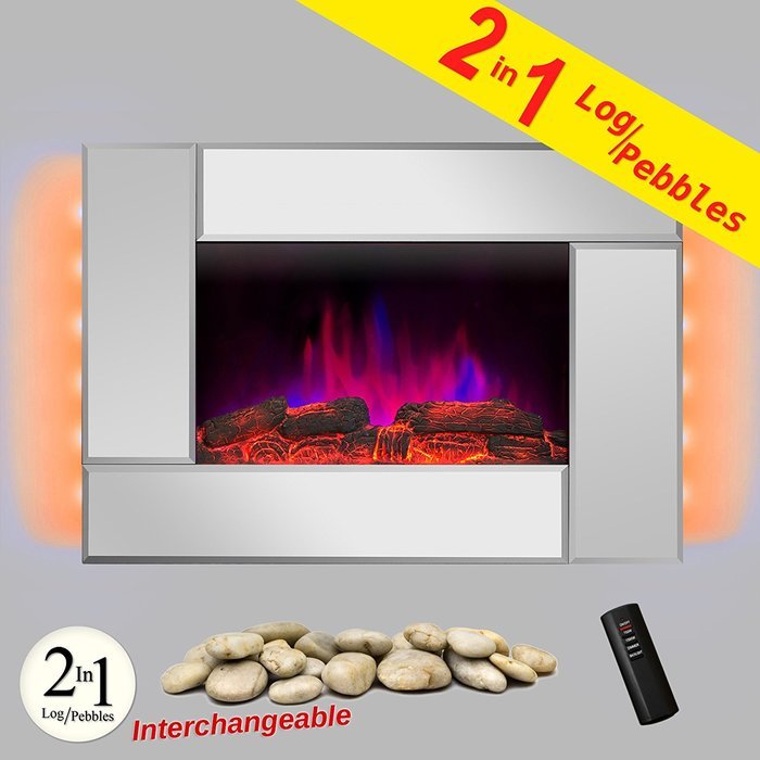 AKDY&reg; 36" Wall Mount Type Tempered Glass 2 Setting Adjustable 1500W LED Backlight 2-in-1 Log & Pebble Interchangeable... N18