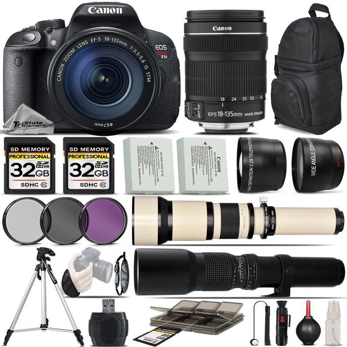 Canon EOS Rebel T5i DSLR Camera + Canon 18-135mm STM Lens + 650-1300mm Zoom Lens 1 + 500mm Telephoto Lens + 0.43X... N2