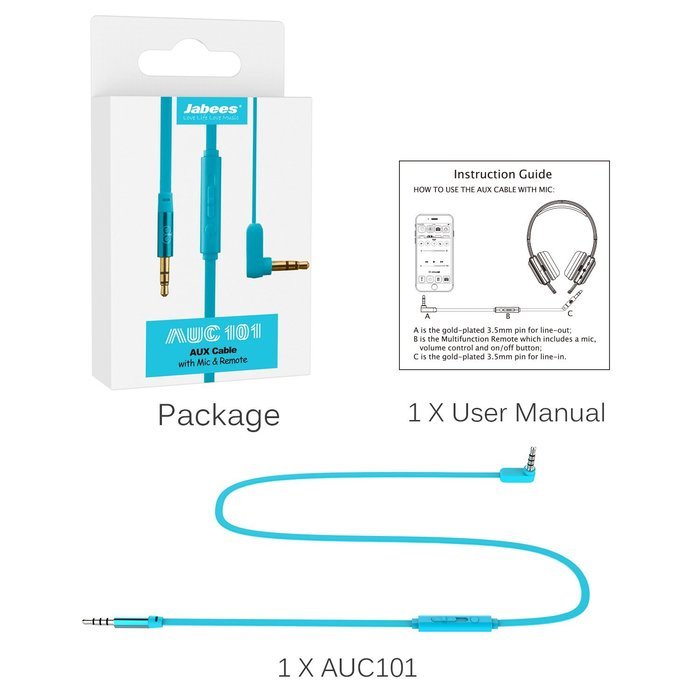 Jabees Universal 3.5mm Replacement Audio Cable with In-Line Remote and Microphone, 3-Feet - Green N20
