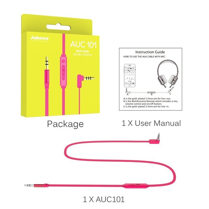 Jabees Universal 3.5mm Replacement Audio Cable with In-Line Remote and Microphone, 3-Feet - Green N23