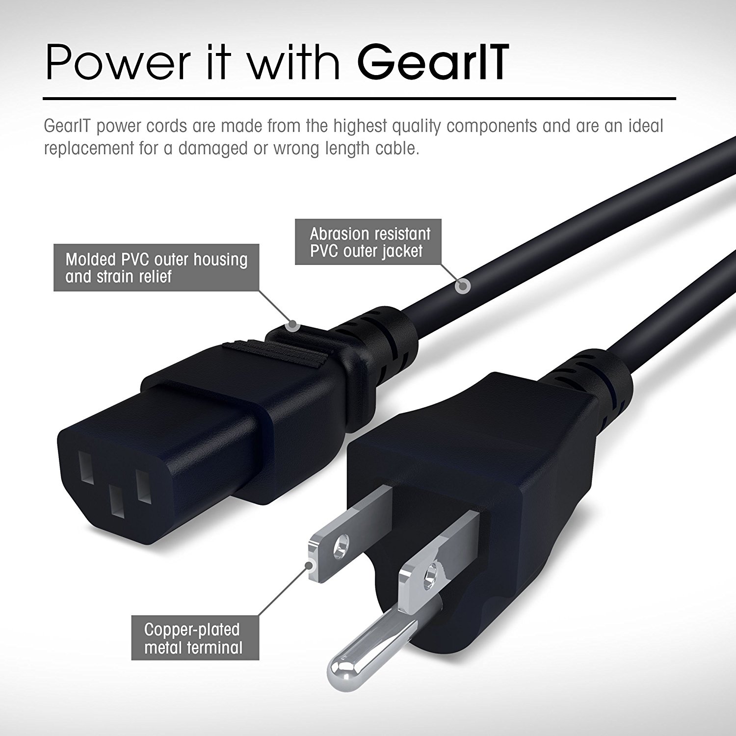 GearIt 18 AWG Universal Power Cord NEMA 5-15P to IEC320 C13 [UL Listed ...