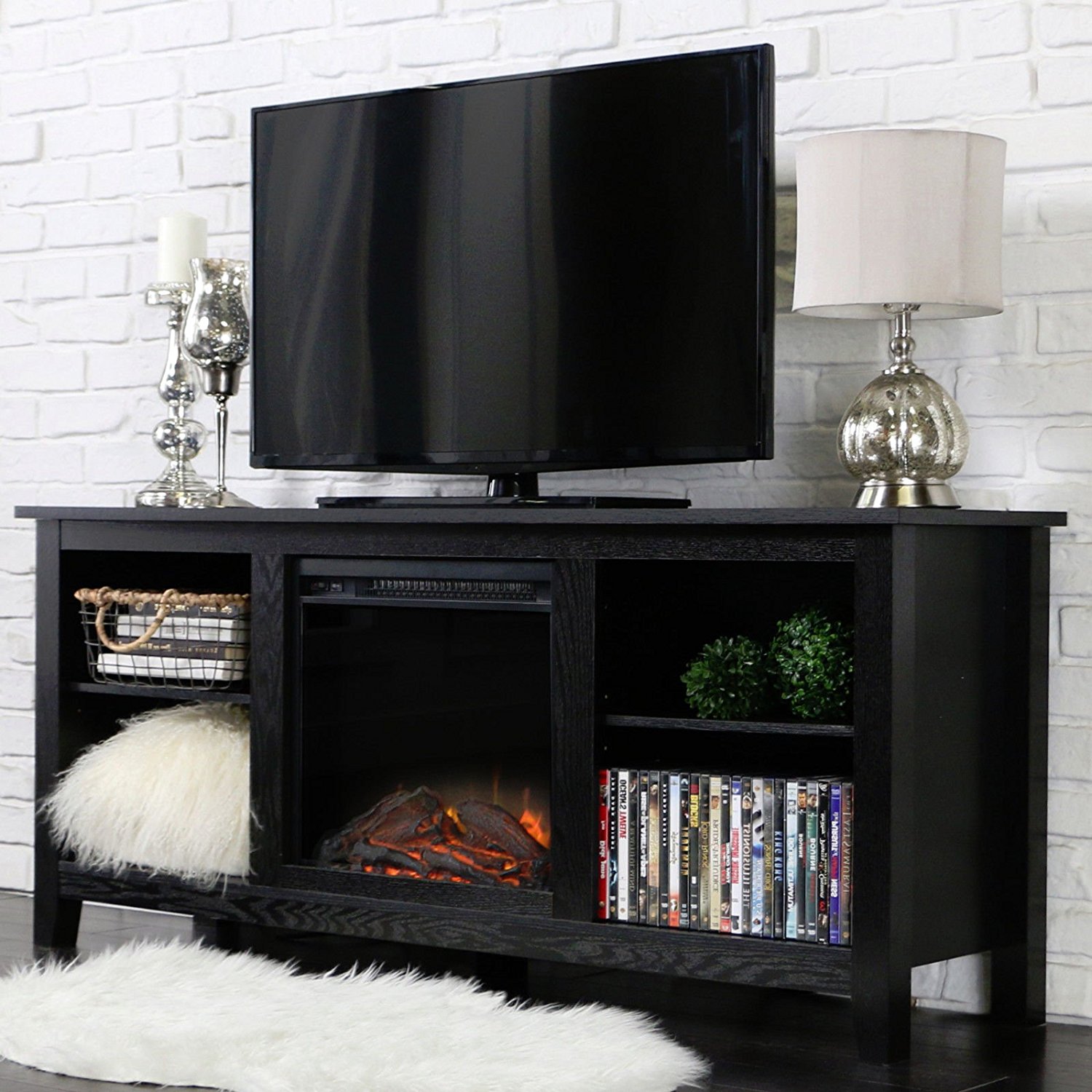58" Espresso Wood TV Stand with Fireplace Insert W58FP18ES New free