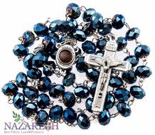New Catholic Deep Blue Large Crystal Beads Rosary Holy Soil Medal &amp; Jesus Cross N2