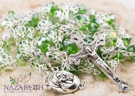 Unique Green Crystal Beads Catholic Rosary with Holy Soil Medal &amp; Crucifix N4