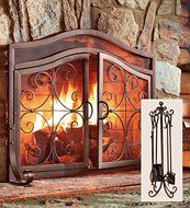 Small Crest Fireplace Screen With Doors And Tool Set, in Copper Finish N2