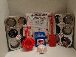 7 Piece Baking Bundle Set: 6 Cup Muffin/Cupcakes Pans Baking Cups Measuring Cups Spatula Timer Cheat Sheet