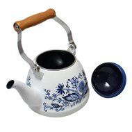 JustNile Country-Style Decorative Enameled iron Tea Kettle with Vintage Wooden Handle - 1.2 Quarts, Navy Blue...