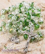 Unique Green Crystal Beads Catholic Rosary with Holy Soil Medal &amp; Crucifix N5
