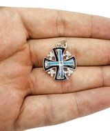 JERUSALEM CROSS Silver 925 Opal Stone with Black Enamel Pendant Zircons Crystal N2