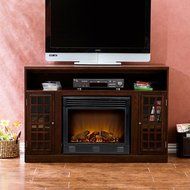 Asian Inspired Media Console with Electric Fireplace and Glass Cabinet Doors - Narita N4