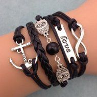 NEW Infinity Owl Love anchor Friendship Leather Charm Bracelet Silver Cute