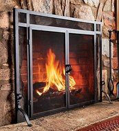 44"W x 33"H Solid Steel Flat Guard Fire Screen With Doors, in Black