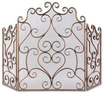 36" Gold and Bronze Fireplace Screen with Hand Forged Iron Scrolling Design