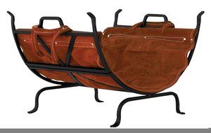 Uniflame BLACK WROUGHT IRON LOG HOLDER WITH LEATHER CARRIER