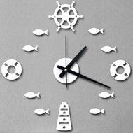 MuLuo Mediterranean DIY Rudder Fish Lifebuoy Wall Clock 3D Wall Stickers Watches Home Decor silver N3