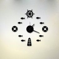 MuLuo Mediterranean DIY Rudder Fish Lifebuoy Wall Clock 3D Wall Stickers Watches Home Decor silver N4