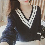 Spritech(TM) Fashion Korea Women's V-Neck Long Sleeve Knite Loose Fit Pullover Sweater White