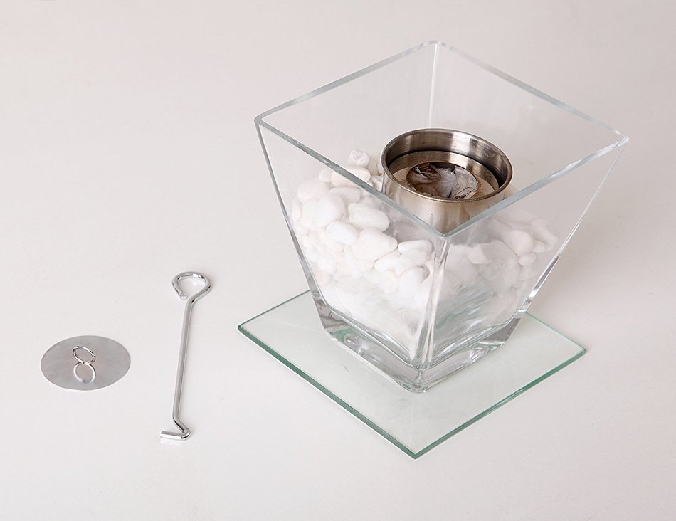 Designer's All Season Table Top Ethanol Fireplace, Both Indoor and Outdoor Use (Square Glass) N3