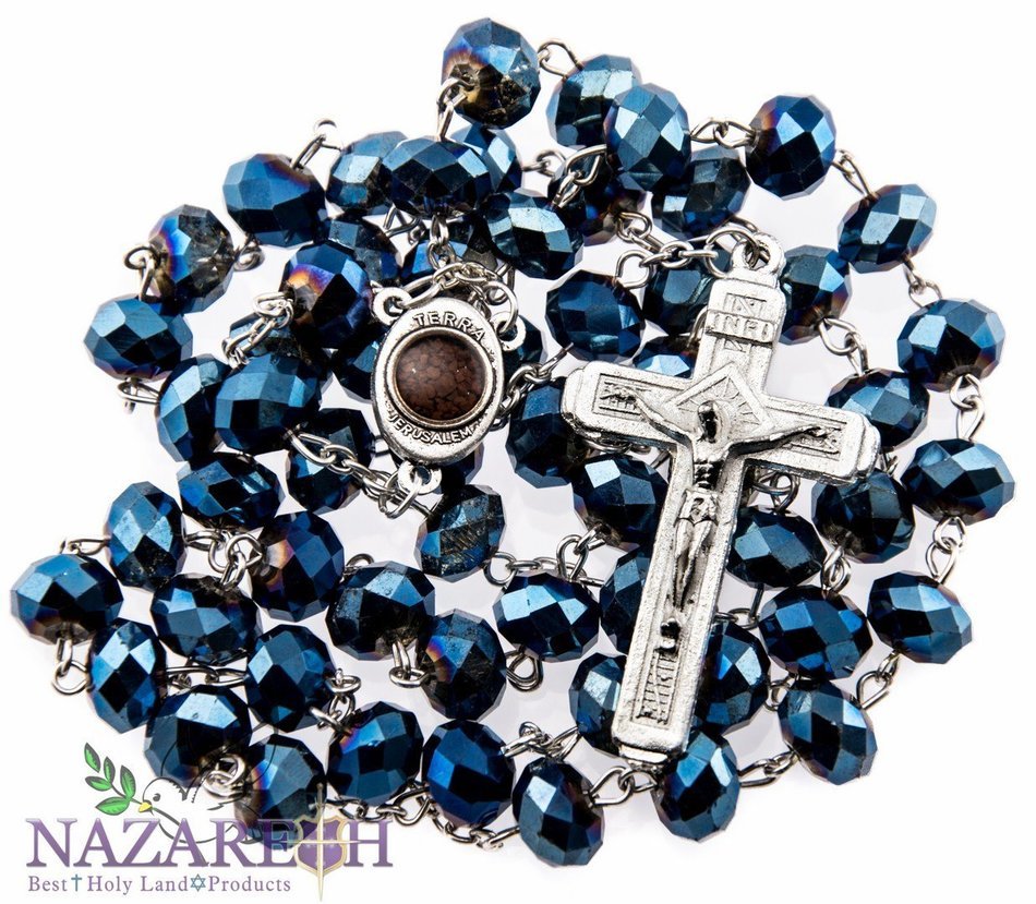 New Catholic Deep Blue Large Crystal Beads Rosary Holy Soil Medal & Jesus Cross N2