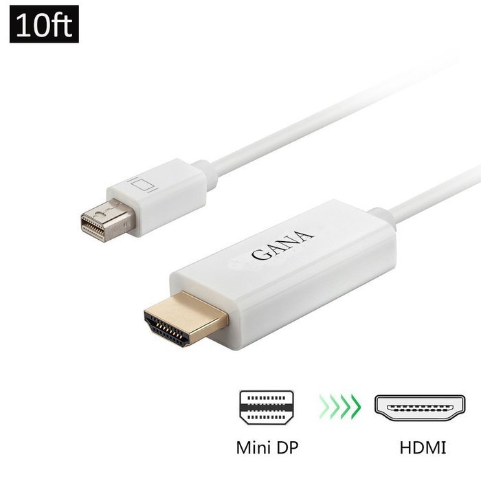 GANA Mini DisplayPort (DP) Male To Female Adapter Cable (Mini DP to HDMI 10ft Black) N20