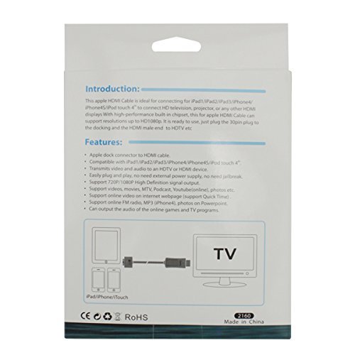 Dock connector to HDMI Cable support IOS 8.0 up,Demupai Male to Male 30 pin cable to HDMI cable 5.5 feet in white... N2