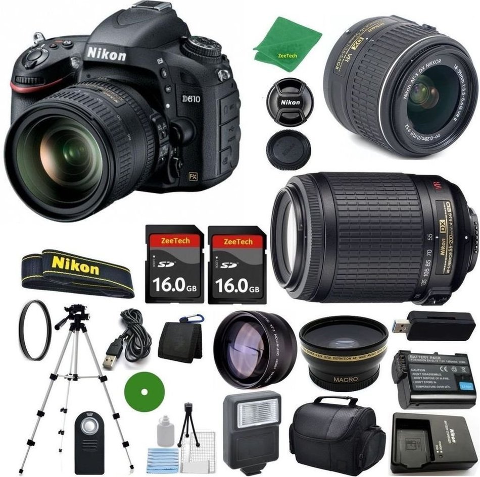Nikon D610 International Version - No Warranty, 18-55mm f/3.5-5.6 AF-S DX VR, Nikon 55-200mm f4-5.6G ED VR Nikkor...
