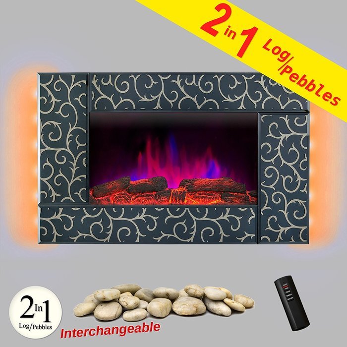 AKDY&reg; 36" Wall Mount Type Tempered Glass 2 Setting Adjustable 1500W LED Backlight 2-in-1 Log & Pebble Interchangeable... N22