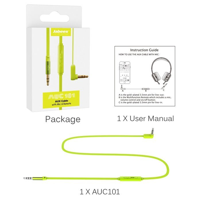 Jabees Universal 3.5mm Replacement Audio Cable with In-Line Remote and Microphone, 3-Feet - Green N24