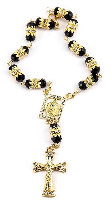 Black Crystal Zircon Beads Gold Color Car Rearview Mirror Rosary (Jerusalem) N2